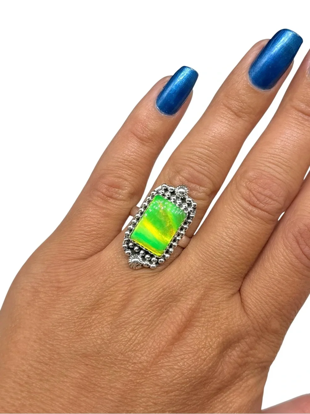 Aurora Fire Opal Ring Size 8 Solid 925 Sterling Silver Aura Lime Green